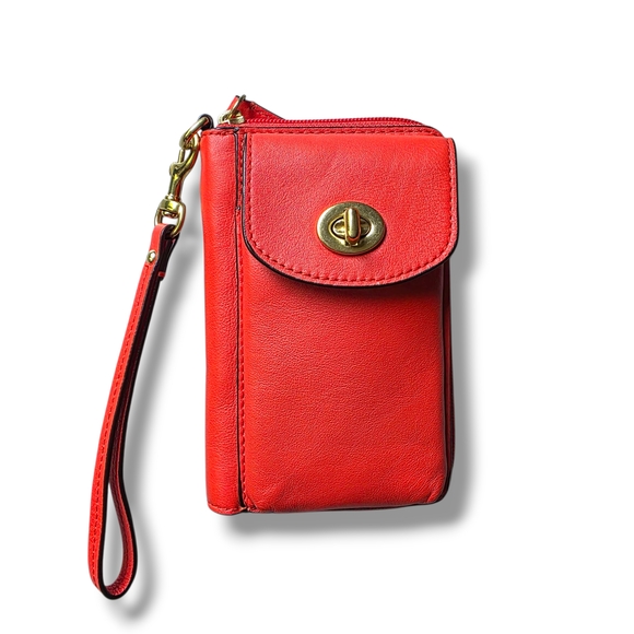 Coach Orange/Red turnlock Leather Wallet Wristlet - Picture 1 of 7